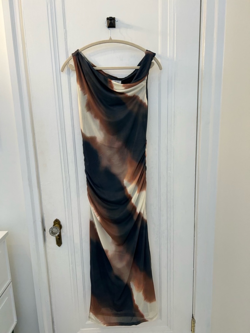 Elegant Brown & Cream Cowl Neck Maxi Dress